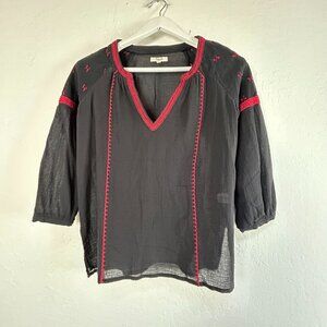 Madewell Womens Black Red Embroidered Top Blouse V-Neck Boho 3/4 Sleeves Cotton